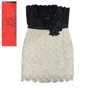 JS Collections Strapless Scalloped Dress Elegant Classic Glam – Black & White 14